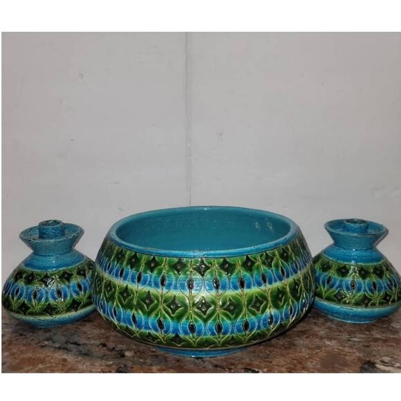 Bitossi Italy Console Bowl w/ Matching Candlestick Art Pottery Rimini blue Green - Picture 1 of 13